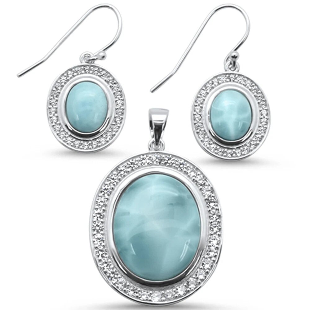 Sterling Silver Natural Larimar And Cubic Zirconia Oval Earring And Pendant Set