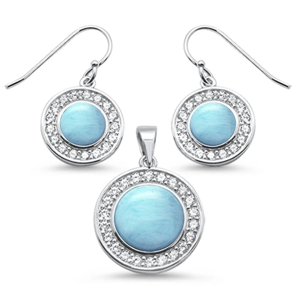 Sterling Silver Round Natural Larimar And Cubic Zirconia Pendant And Earring Set