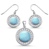 Sterling Silver Round Natural Larimar And Cubic Zirconia Pendant And Earring Set