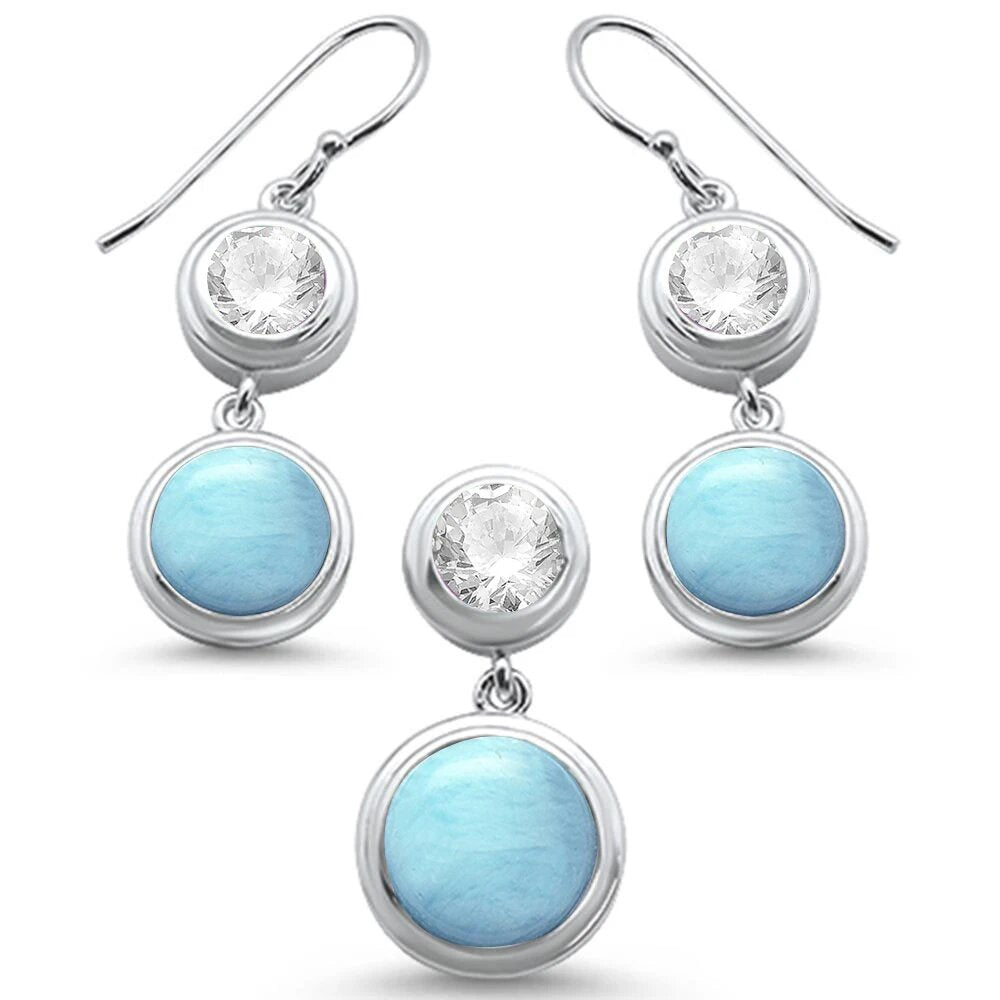 Sterling Silver Round Natural Larimar And Cubic Zirconia Pendant And Earring Set