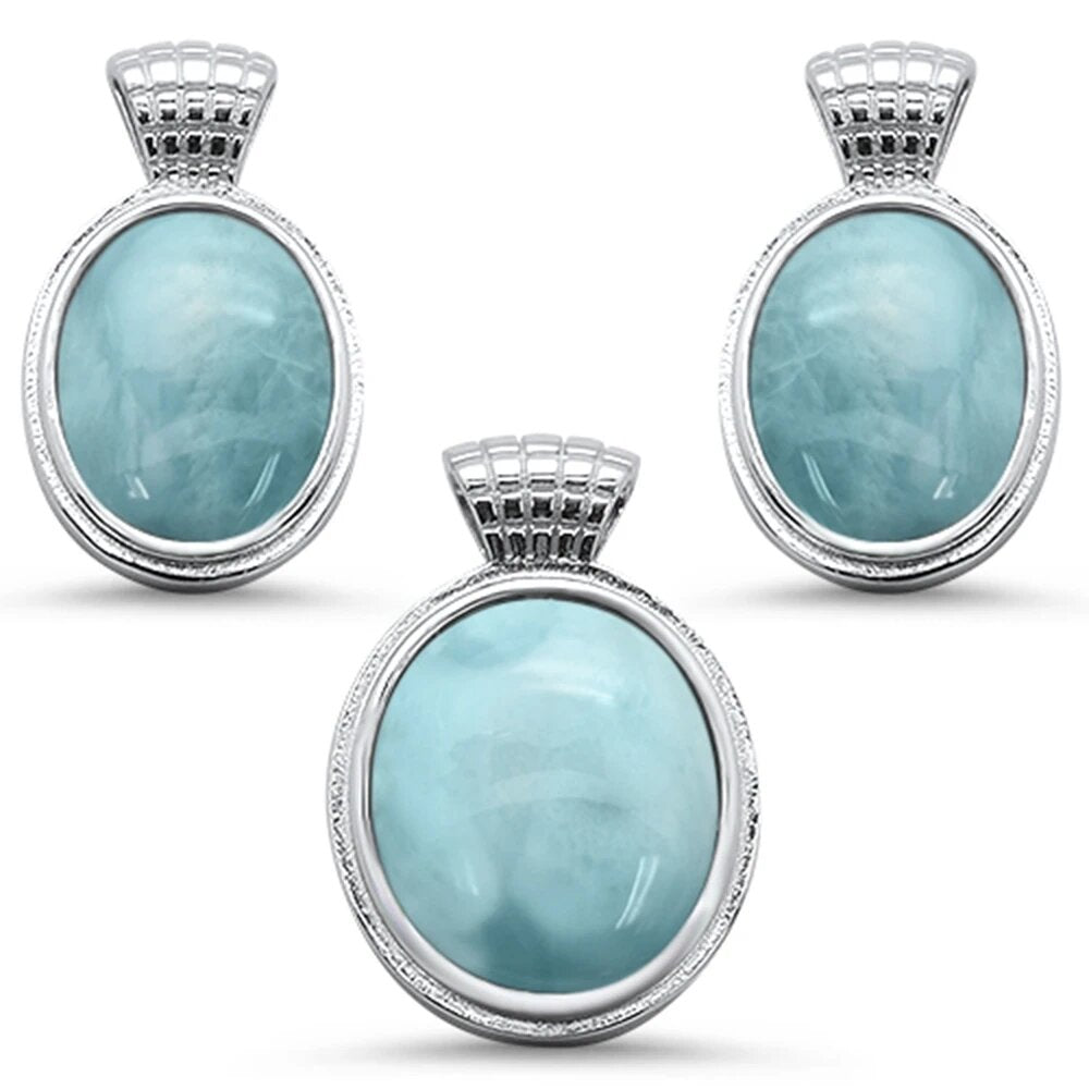 Sterling Silver Oval Natural Larimar Earring And Pendant Set