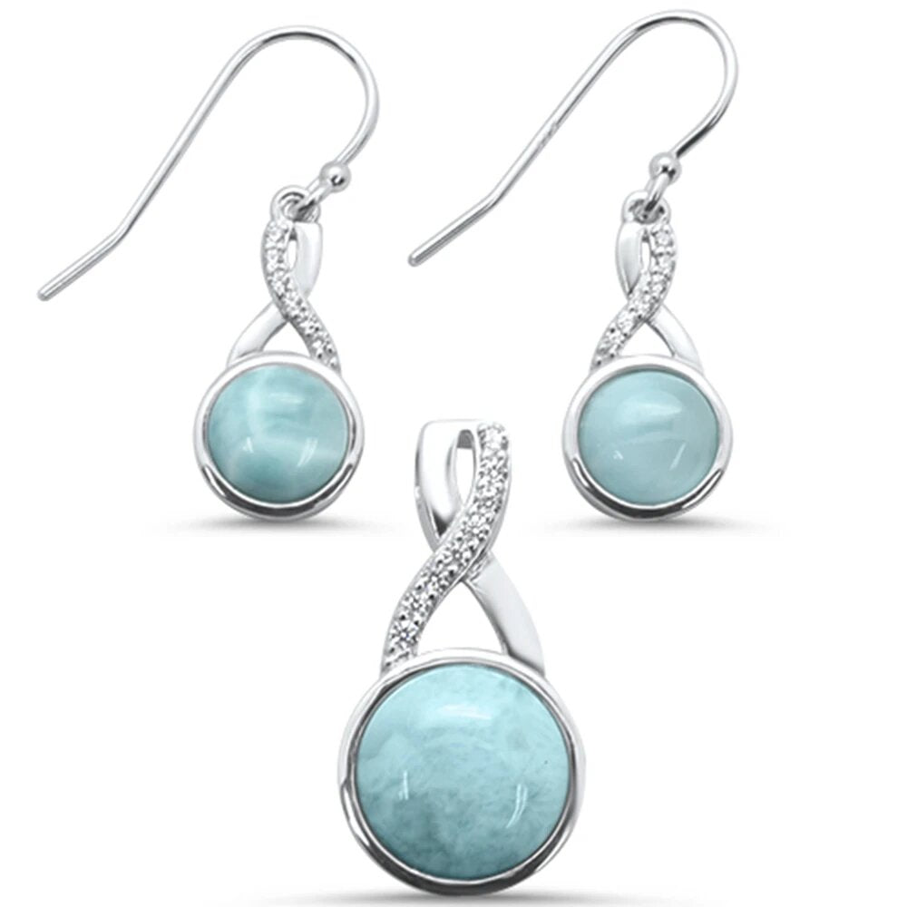 Sterling Silver Round Natural Larimar And Cubic Zirconia Earring And Pendant Set