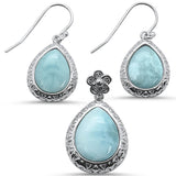 Sterling Silver Round Natural Larimar Flower Earring And Pendant Set