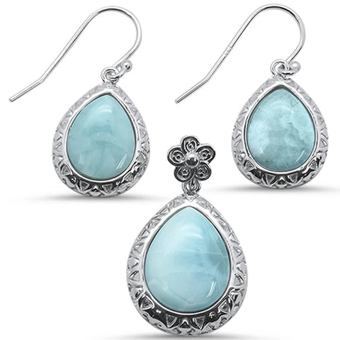 Sterling Silver Round Natural Larimar Flower Earring And Pendant Set