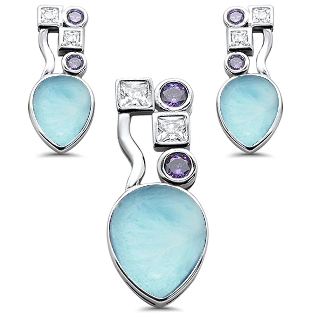 Sterling Silver Natural Larimar Amethyst And Cubic Zirconia Pendant And Earring Set