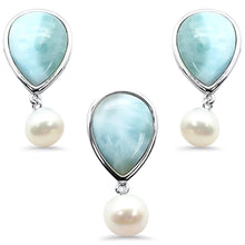 Load image into Gallery viewer, Sterling Silver Natural Larimar And Mother Pearl Pendant And Earring Set