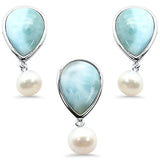 Sterling Silver Natural Larimar And Mother Pearl Pendant And Earring Set