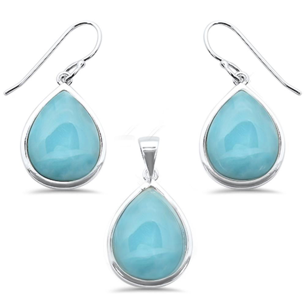 Sterling Silver Pear Natural Larimar Pendant And Earring Set