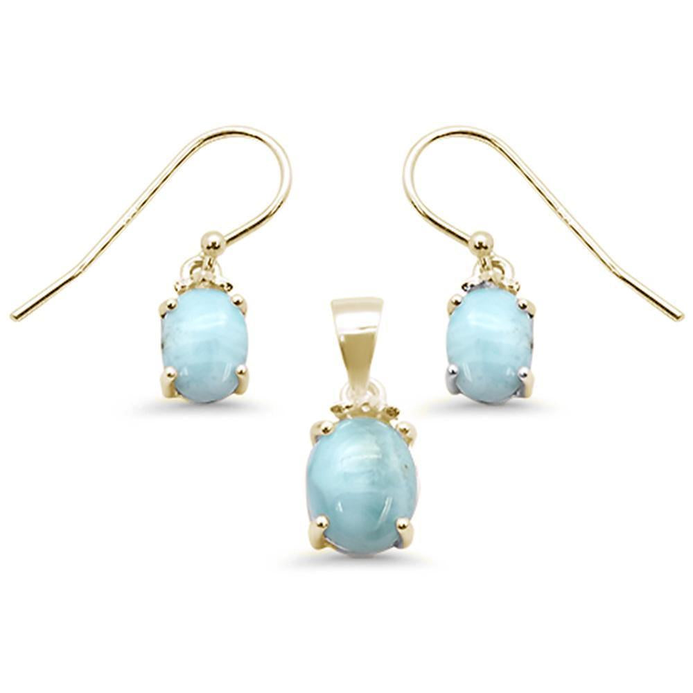 Sterling Silver Yellow Gold Plated Oval Natural Larimar Earring and Pendant Set