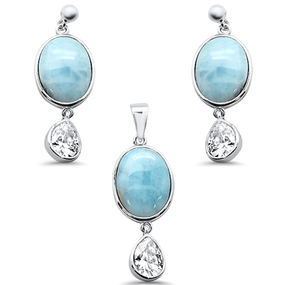 Sterling Silver Oval Natural Larimar And Pear Amethyst Pendant And Earring Set