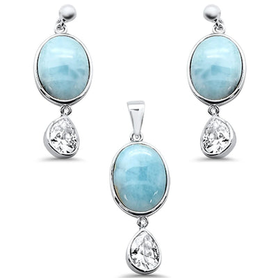 Sterling Silver Oval Natural Larimar And Pear Amethyst Pendant And Earring Set