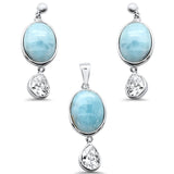 Sterling Silver Oval Natural Larimar And Pear Amethyst Pendant And Earring Set