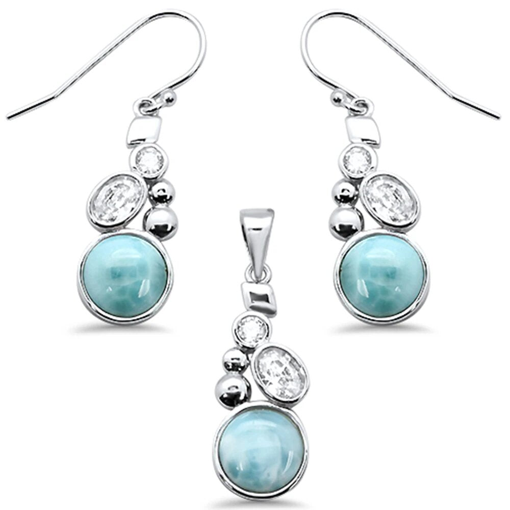 Sterling Silver Round Natural Larimar And Cubic Zirconia Pendant And Earring Set