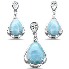 Load image into Gallery viewer, Sterling Silver Pear Shape Natural Larimar And Cubic Zirconia Pendant And Earring Set