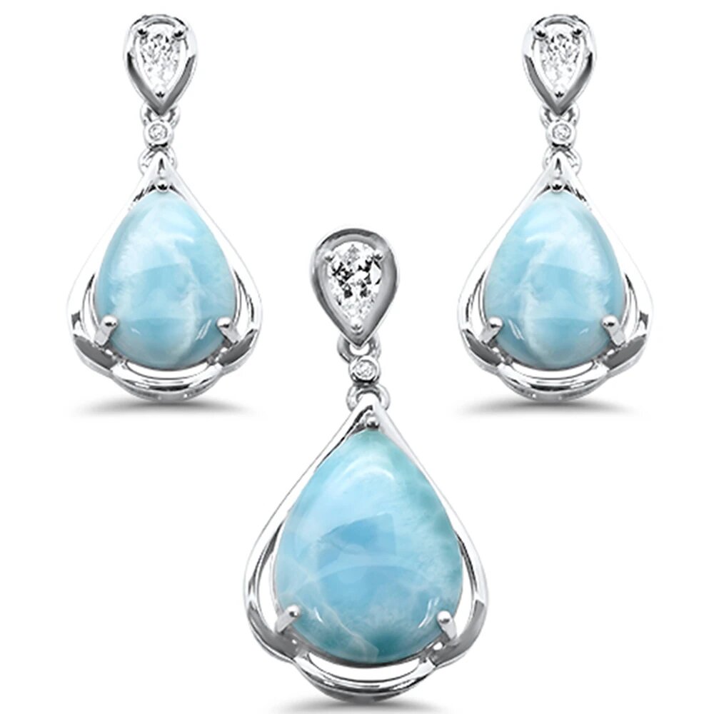 Sterling Silver Pear Shape Natural Larimar And Cubic Zirconia Pendant And Earring Set