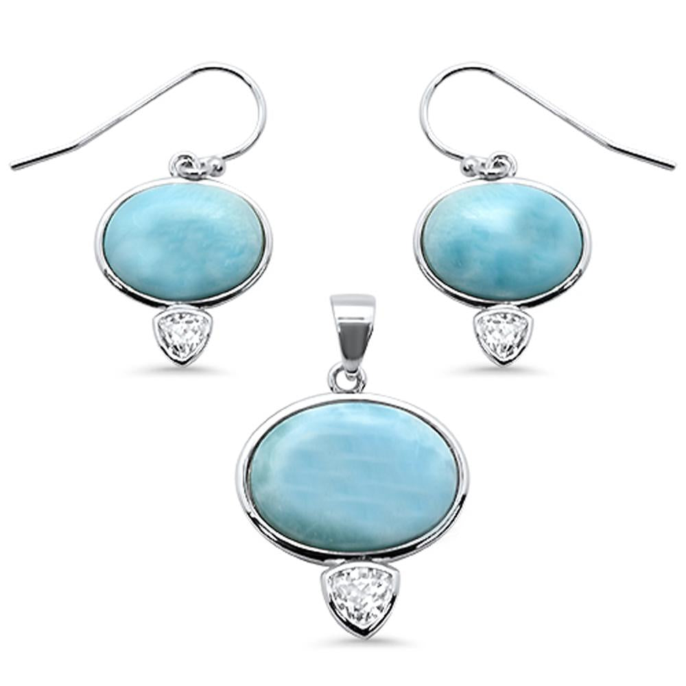 Sterling Silver Natural Larimar And Cubic Zirconia Pendant And Earrings Set