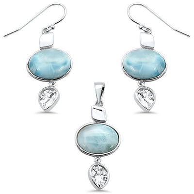Sterling Silver Larimar And Pear Cubic Zirconia Pendant And Earring Set