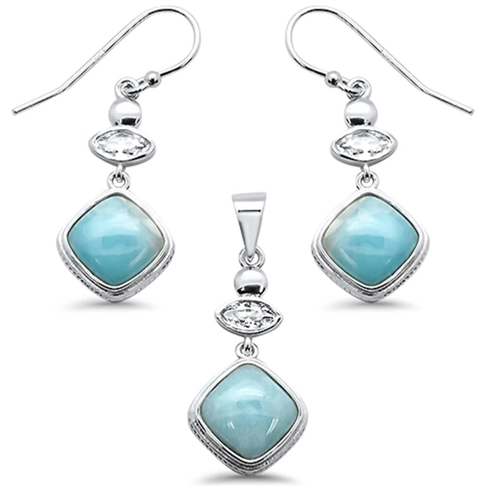 Sterling Silver Cushion Natural Larimar And Cubic Zirconia Pendant And Earring Set