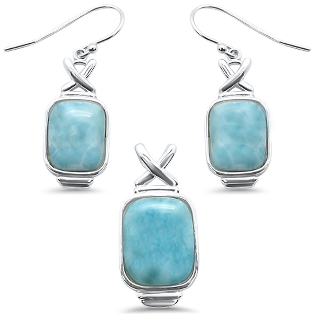 Sterling Silver Cushion Cut Natural Larimar Pendant And Earrings Set