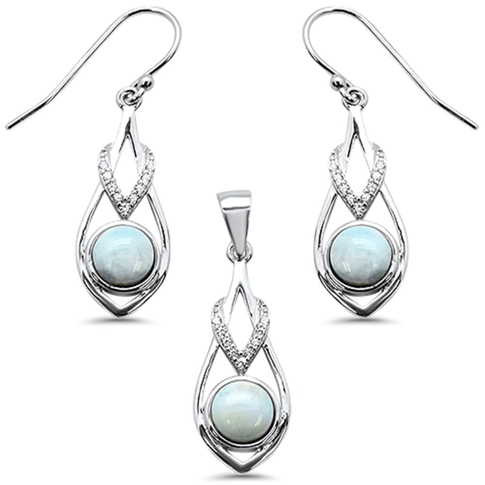 Sterling Silver Natural Larimar And Cubic Zirconia Pendant And Earring Set