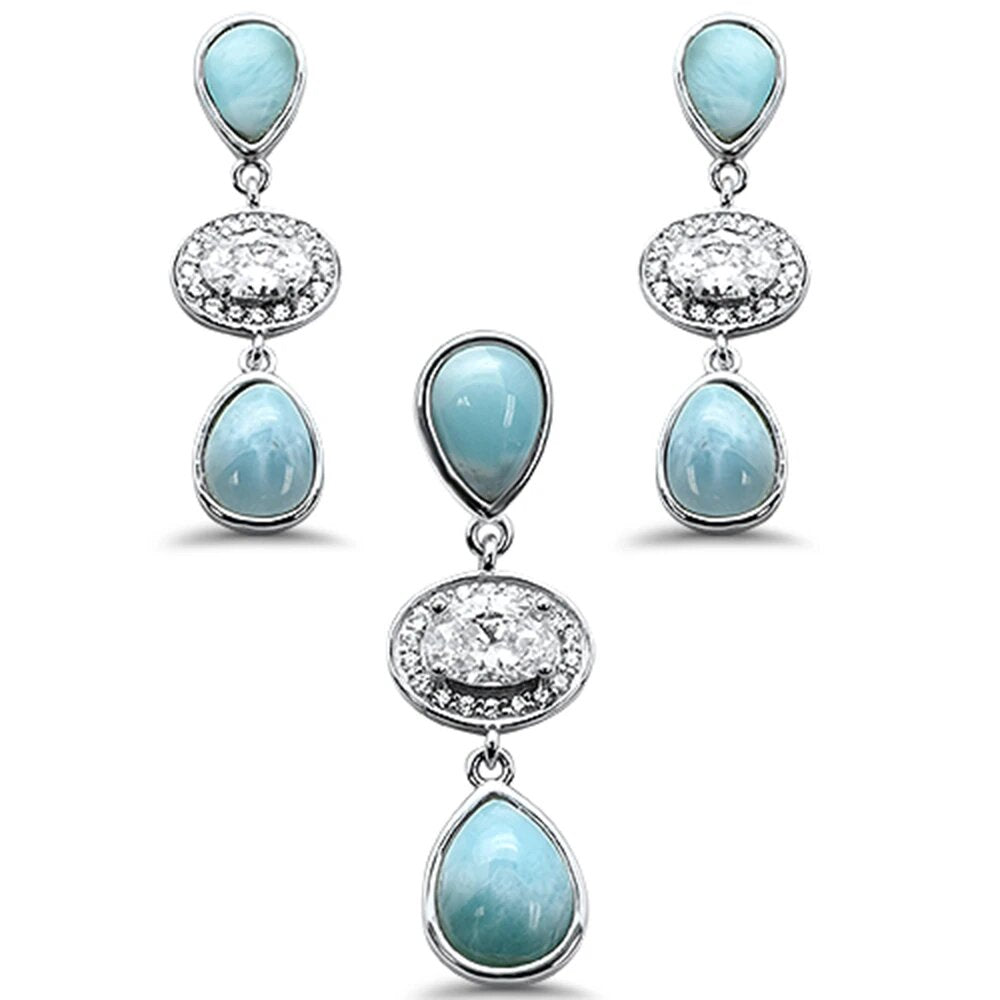 Sterling Silver Pear Shape Natural Larimar And Oval Cubic Zirconia Pendant And Earring Set