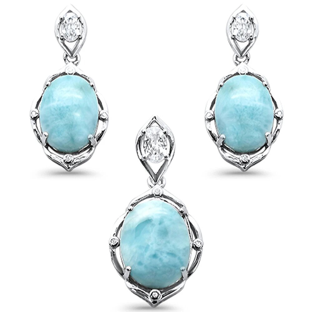 Sterling Silver Natural Larimar And Cubic Zirconia Oval Shape Pendant And Earrings Set