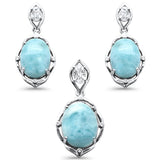 Sterling Silver Natural Larimar And Cubic Zirconia Oval Shape Pendant And Earrings Set