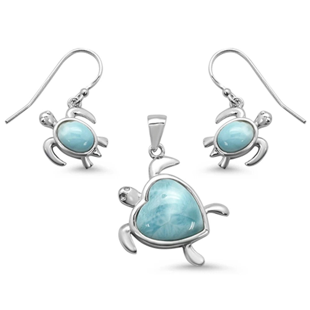 Sterling Silver Natural Larimar Heart And Turtle Pendant And Earring Set