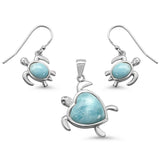 Sterling Silver Natural Larimar Heart And Turtle Pendant And Earring Set