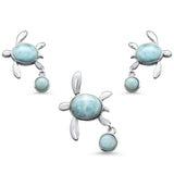 Sterling Silver New Natural Larimar Turtle Pendant And Earring Set