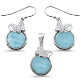 Sterling Silver Round Natural Larimar And Cubic Zirconia Pendant And Earring Set