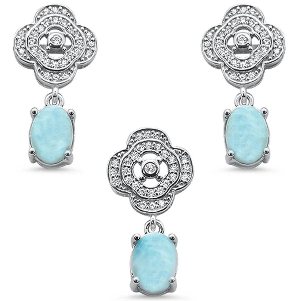 Sterling Silver New Natural Larimar And Cubic Zirconia Pendant And Earring Set