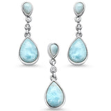 Sterling Silver Pear Shape Natural Larimar And Round Cubic Zirconia Pendant And Earring Set