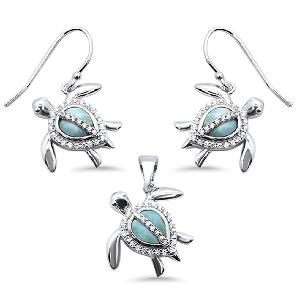 Sterling Silver Natural Larimar And Cubic Zirconia Turtle Pendant And Earrings Set