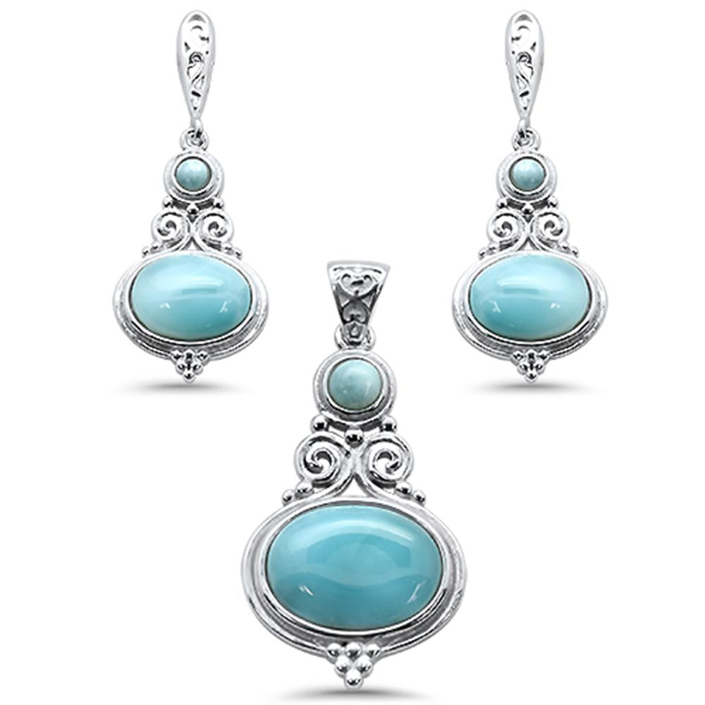 Sterling Silver Multi Shape Natural Larimar Pendant And Earring Set