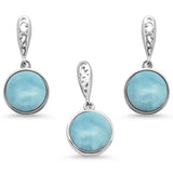 Sterling Silver Round Natural Larimar Pendant And Earring Set