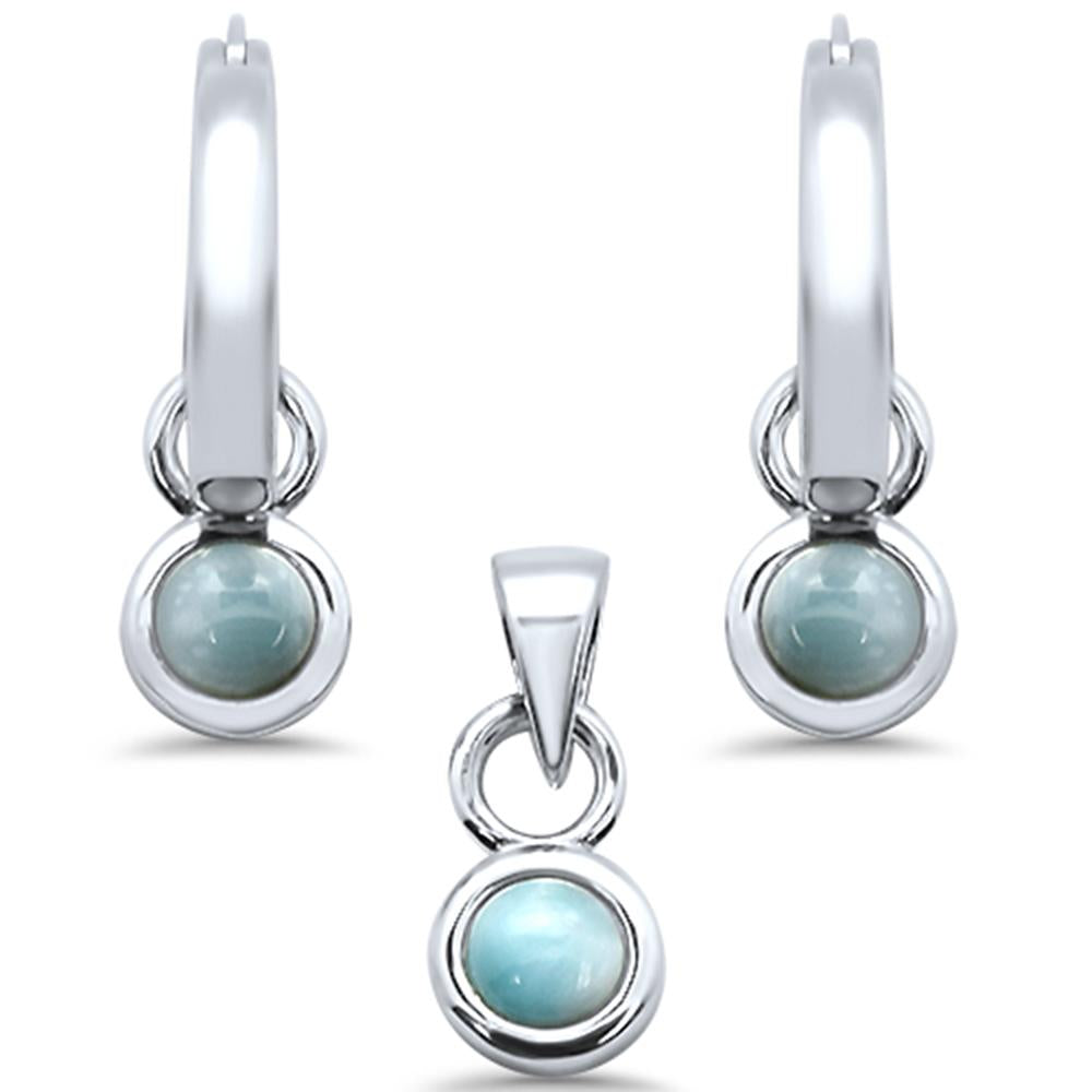 Sterling Silver Natural Larimar Dangling  Pendant And Earring Set