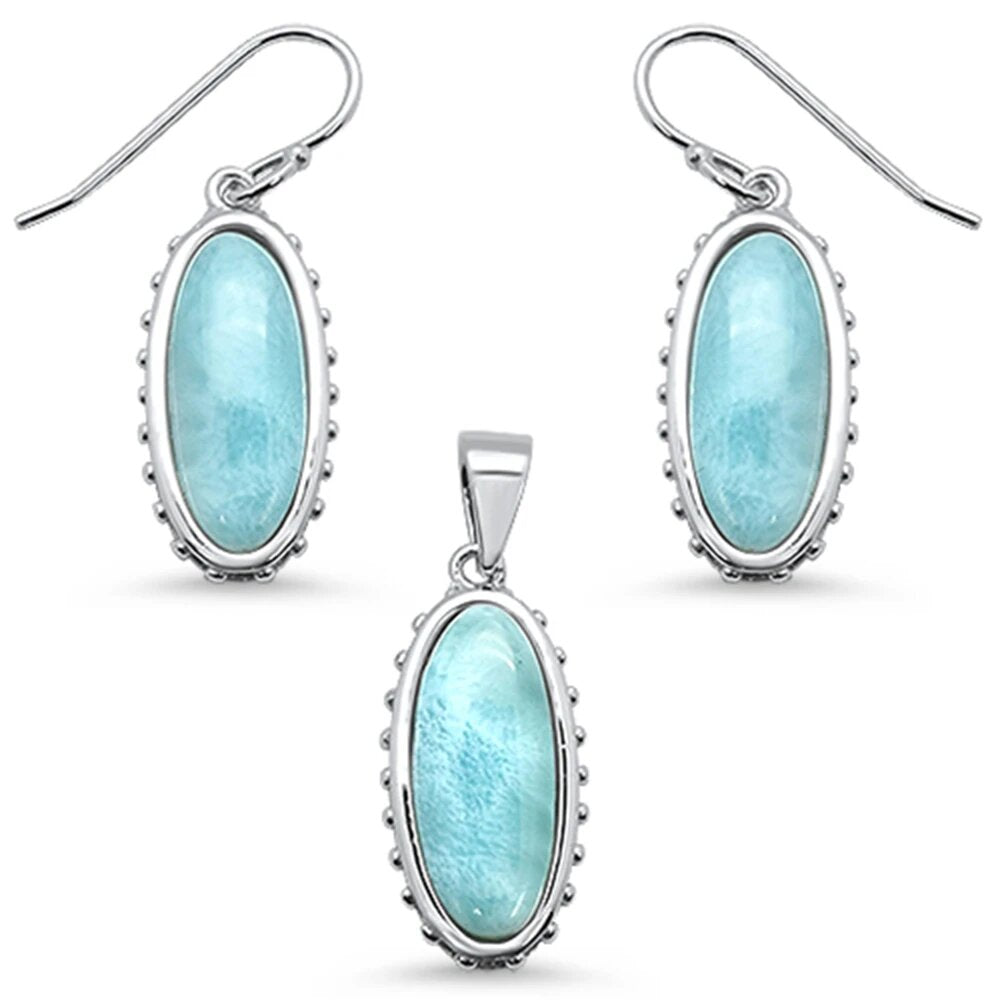 Sterling Silver New Oval Natural Larimar Pendant And Earring Set