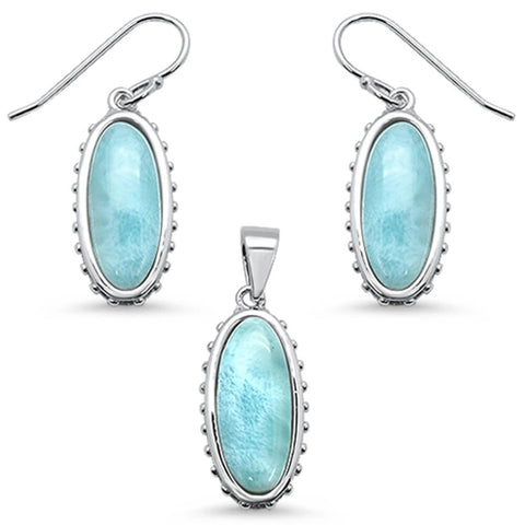 Sterling Silver New Oval Natural Larimar Pendant And Earring Set