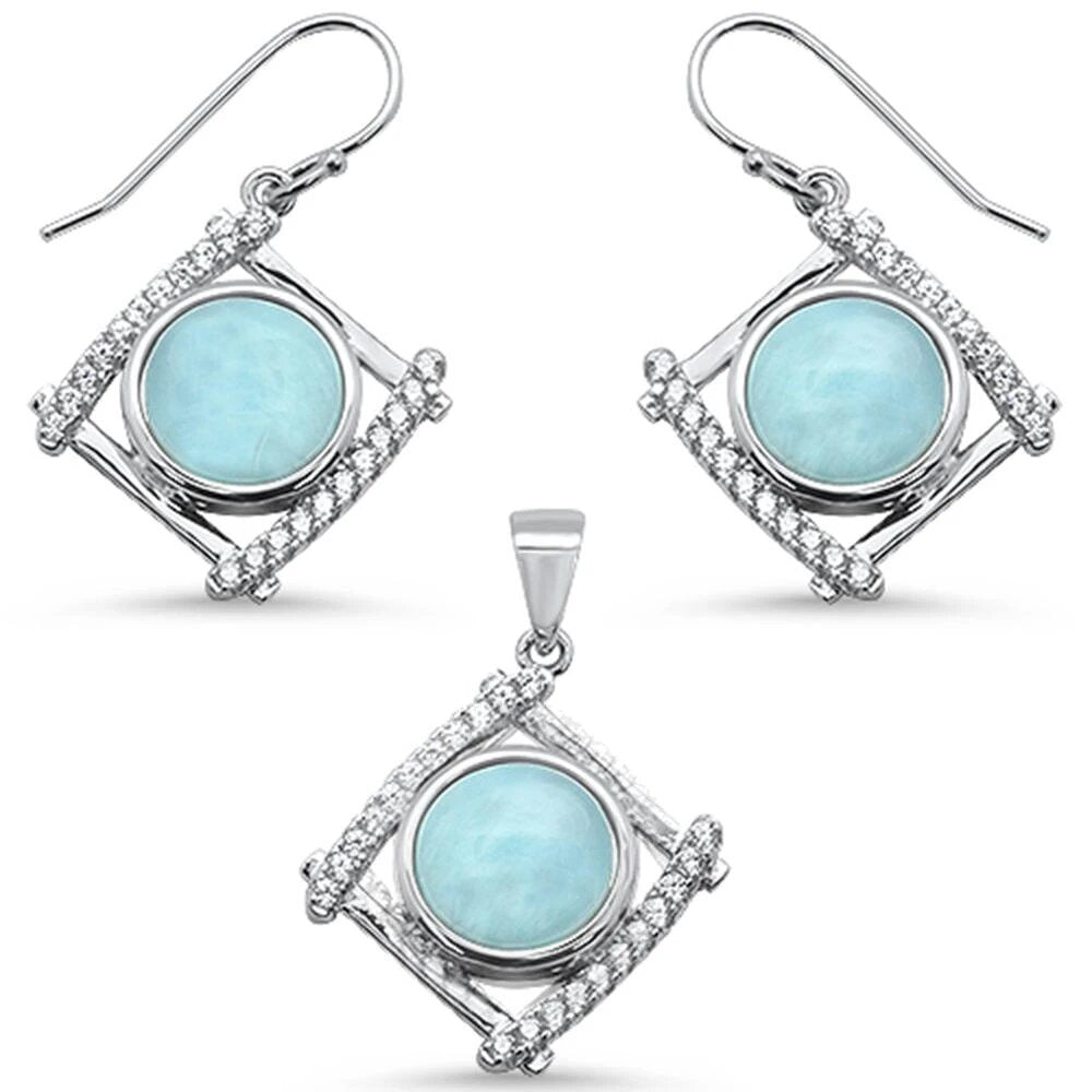 Sterling Silver Natural Larimar And Cubic Zirconia Pendant And Earring Set