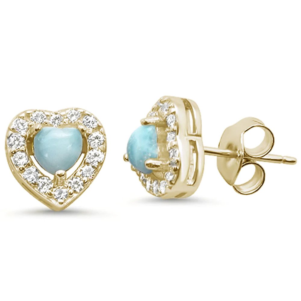 Sterling Silver Yellow Gold Plated Natural Larimar Heart Earrings