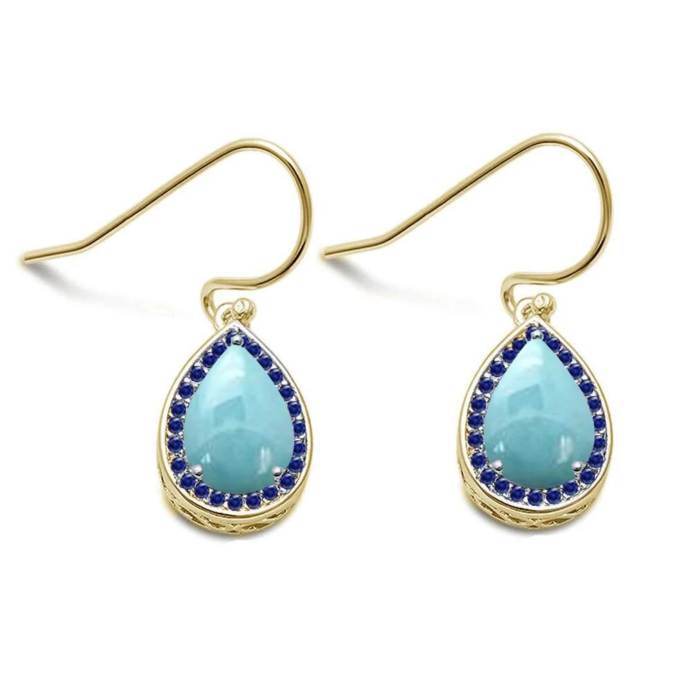 Sterling Silver Natural Larimar & Blue Sapphire Pear Drop Dangle Earrings