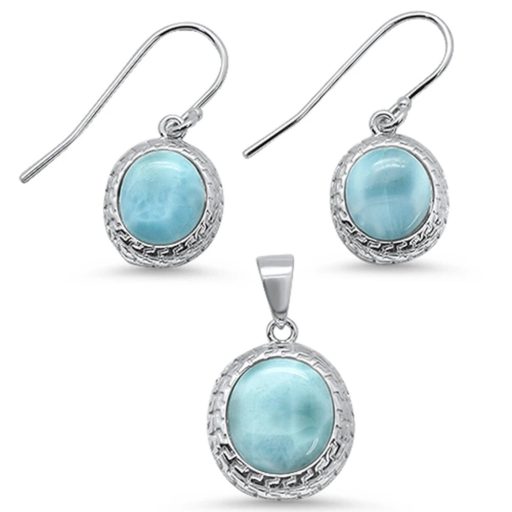 Sterling Silver Oval Natural Larimar Pendant And Earring Set