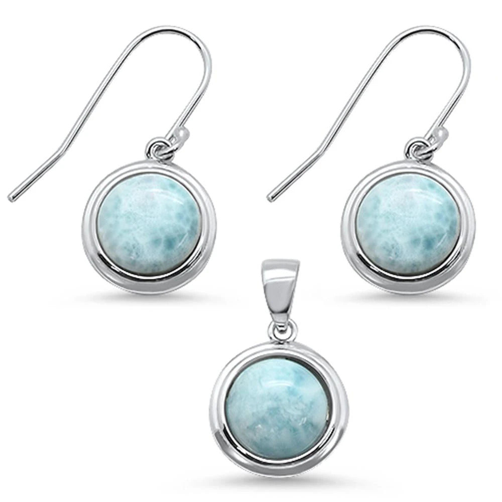 Sterling Silver Round Natural Larimar Pendant And Earring Set