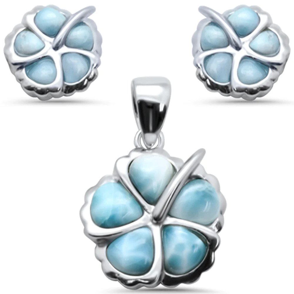 Sterling Silver Plumeria Natural Larimar Earring And Pendant Set
