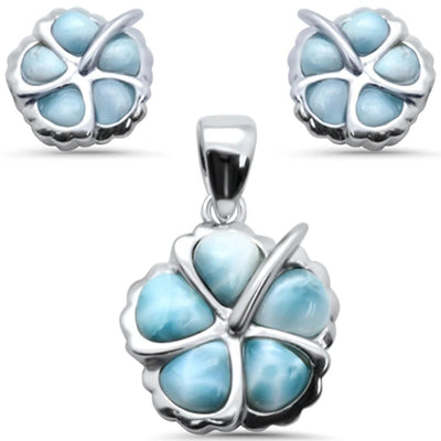 Sterling Silver Plumeria Natural Larimar Earring And Pendant Set