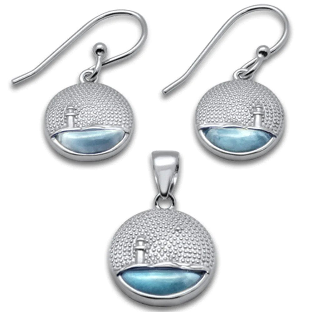 Sterling Silver Natural Larimar Lighthouse Scenery Earring And Pendant Set