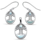 Sterling Silver Shining Lighthouse Natural Larimar Earring And Pendant Set