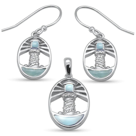 Sterling Silver Shining Lighthouse Natural Larimar Earring And Pendant Set