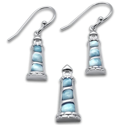 Sterling Silver Natural Larimar Lighthouse Earring And Pendant Set